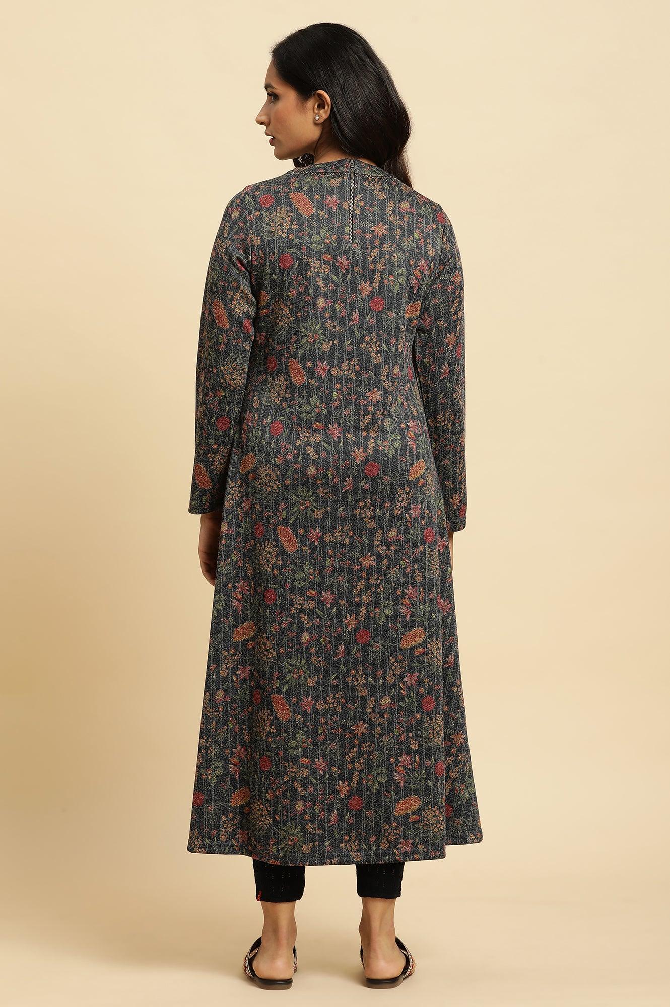 Blue A-Line Printed Winter Kurta - wforwoman