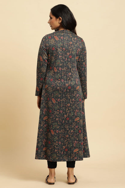 Blue A-Line Printed Winter Kurta - wforwoman