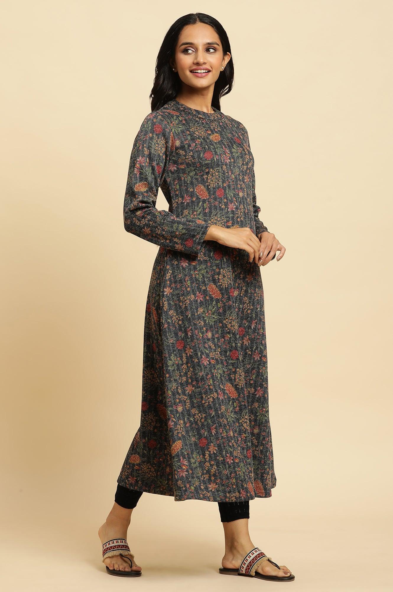 Blue A-Line Printed Winter Kurta - wforwoman