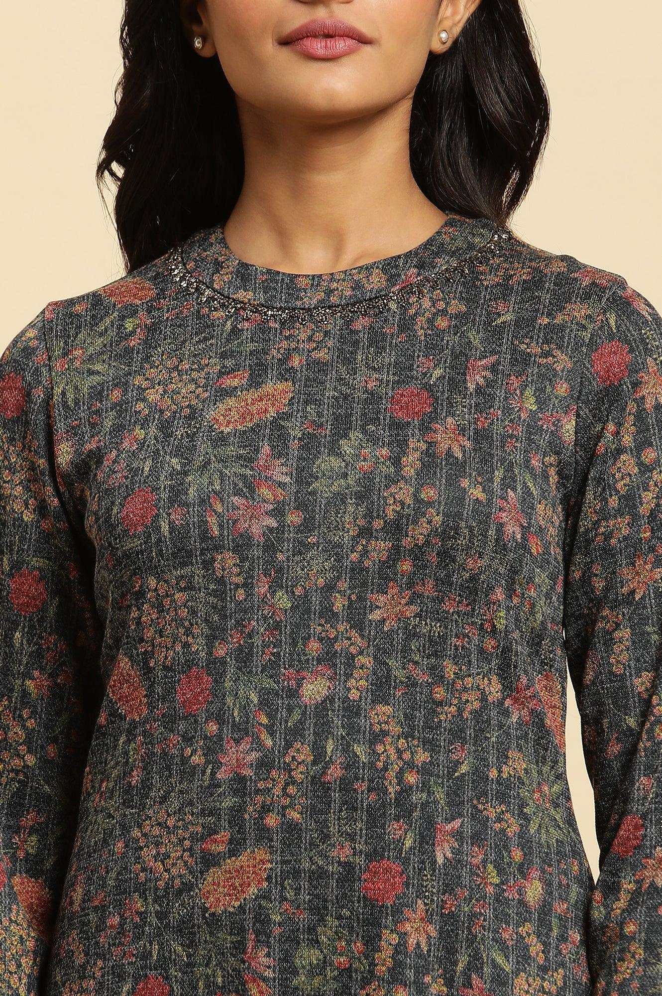 Blue A-Line Printed Winter Kurta - wforwoman