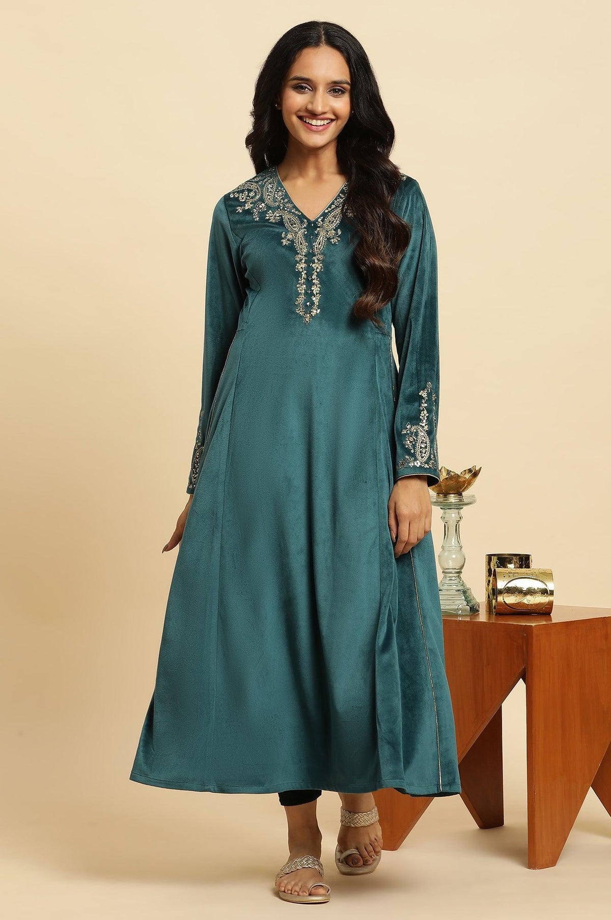 Teal Green Embroidered Flared Velvet Kurta - XS