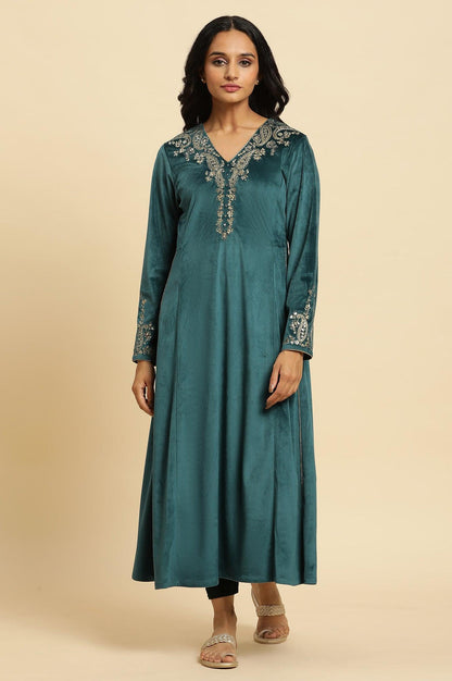 Teal Green Embroidered Flared Velvet Kurta - wforwoman