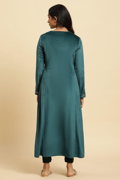 Teal Green Embroidered Flared Velvet Kurta - wforwoman