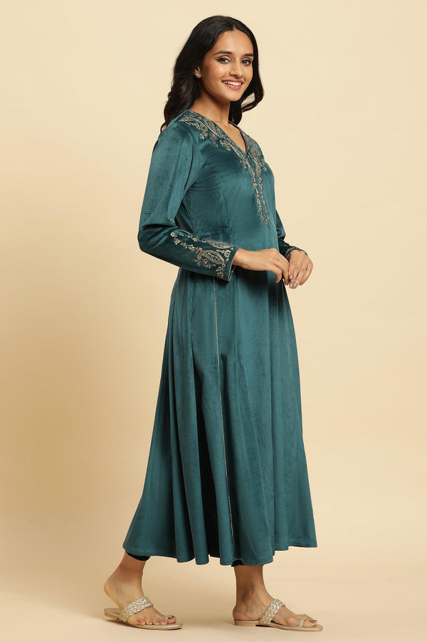 Teal Green Embroidered Flared Velvet Kurta