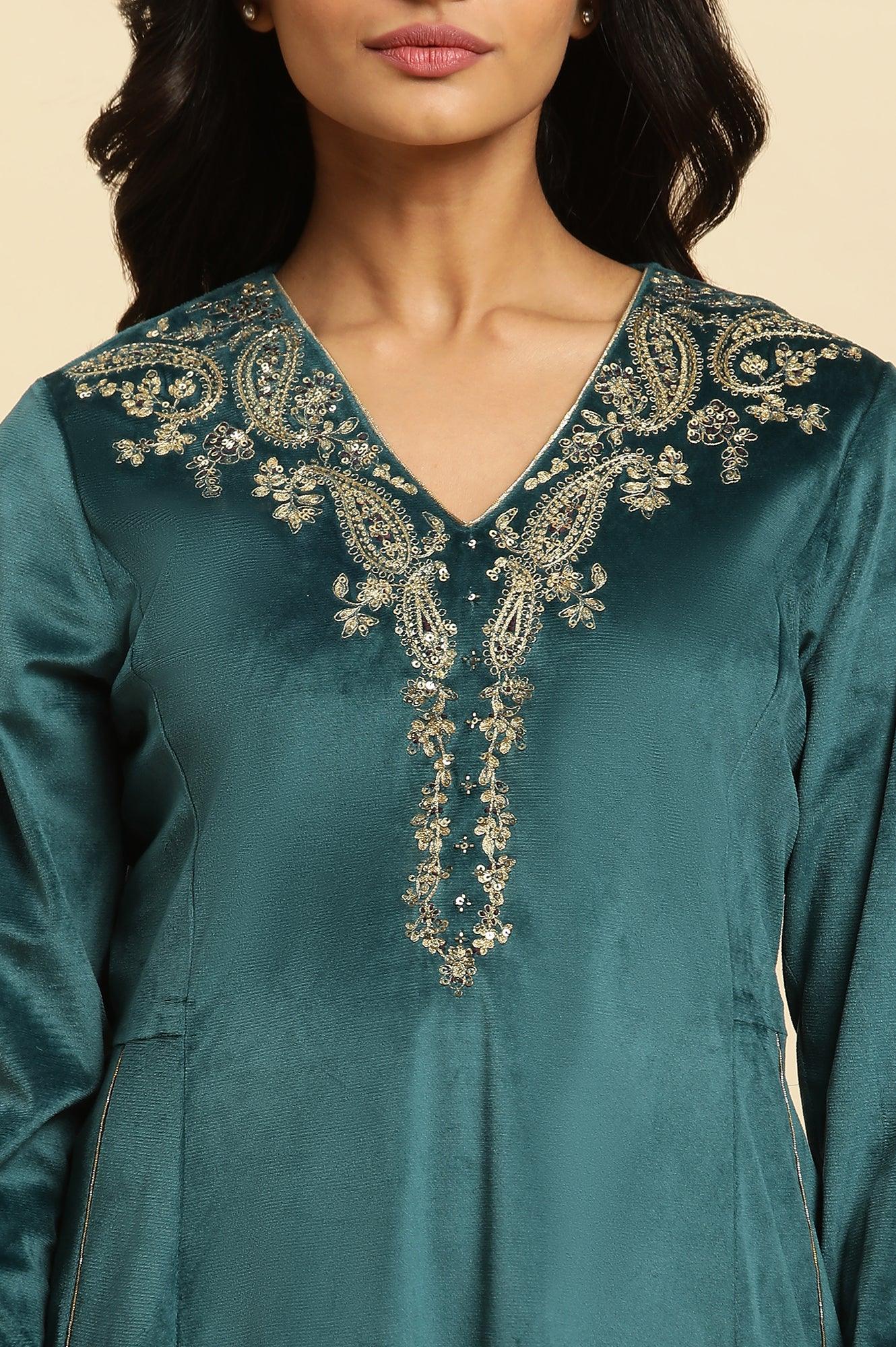 Teal Green Embroidered Flared Velvet Kurta - wforwoman