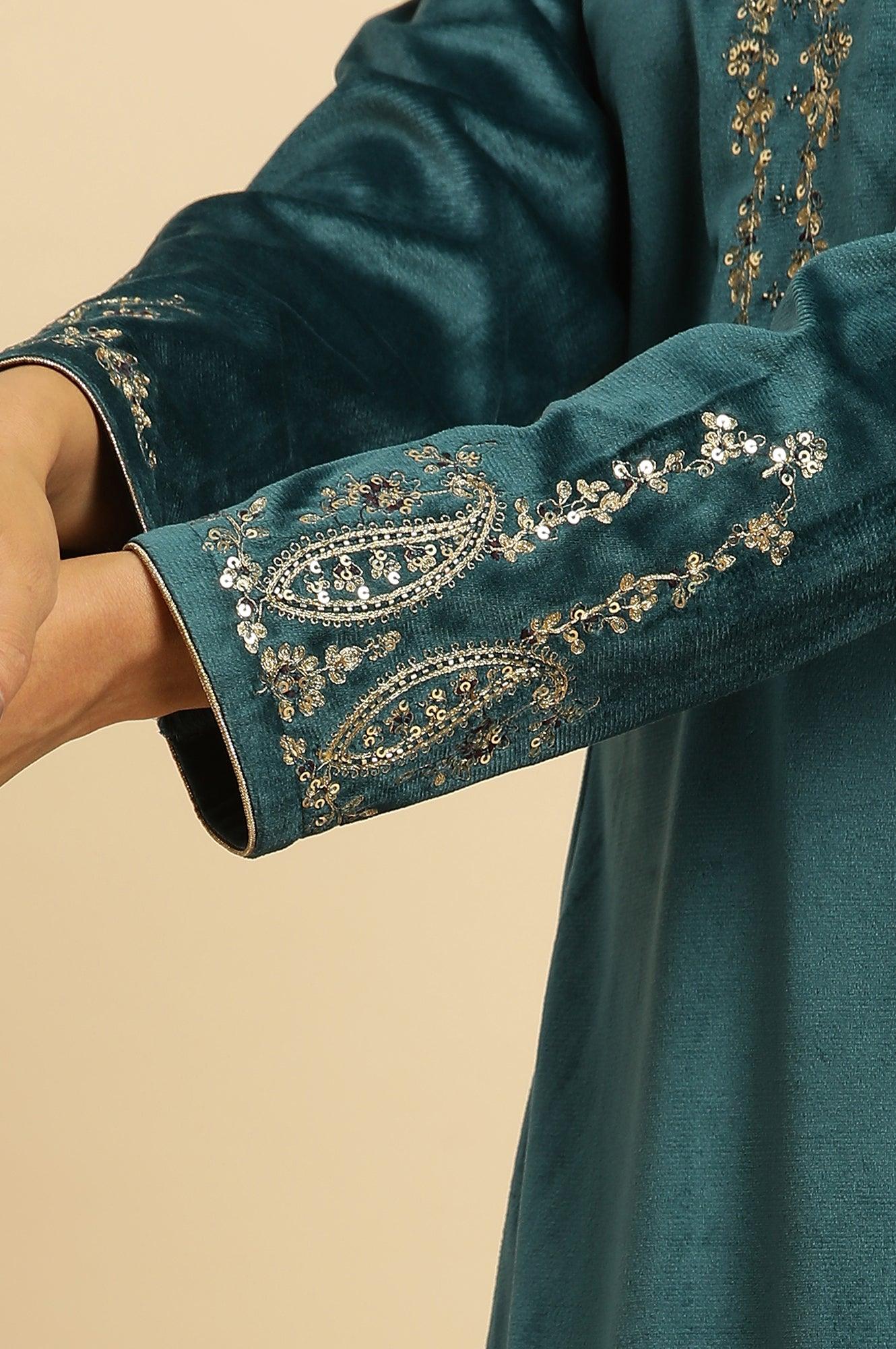 Teal Green Embroidered Flared Velvet Kurta - wforwoman