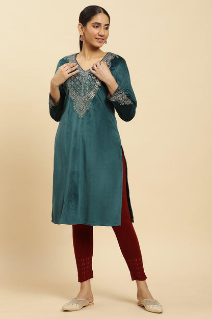 Teal Green Embroidered Velvet Winter Kurta - wforwoman