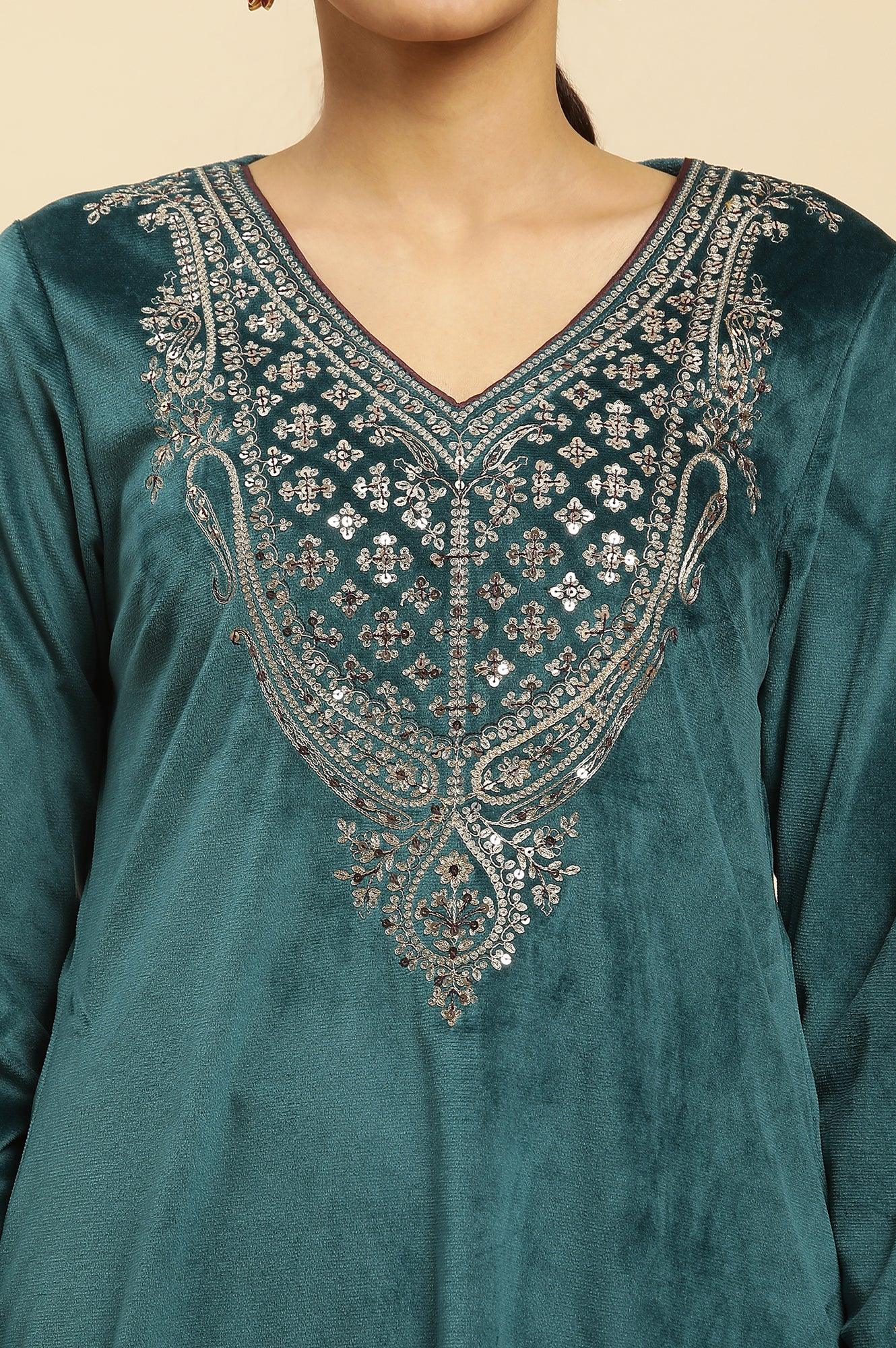 Teal Green Embroidered Velvet Winter Kurta - wforwoman