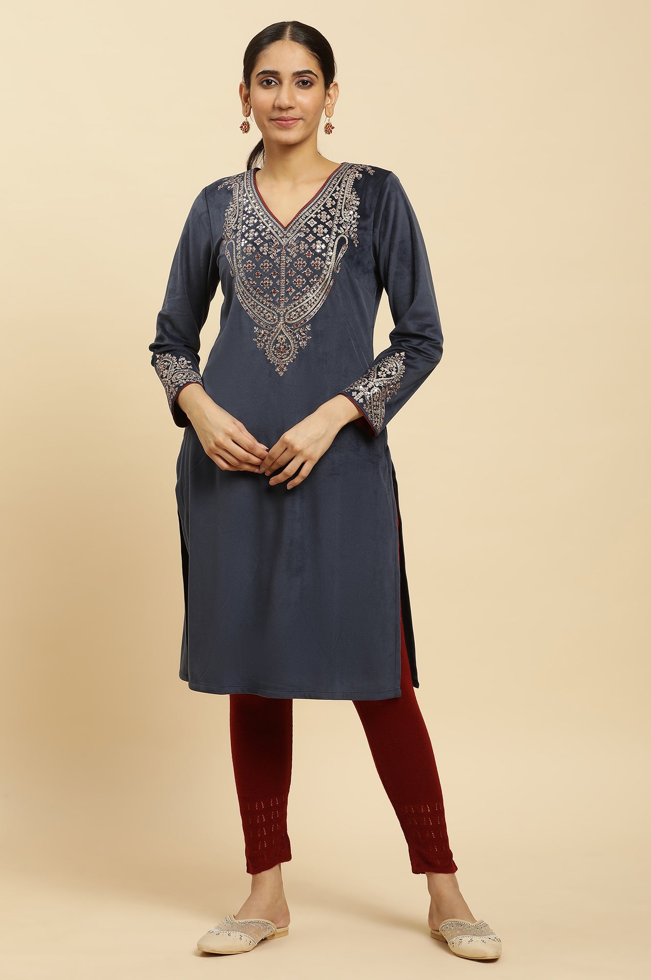 Blue Embroidered Flared Velvet Winter Kurta