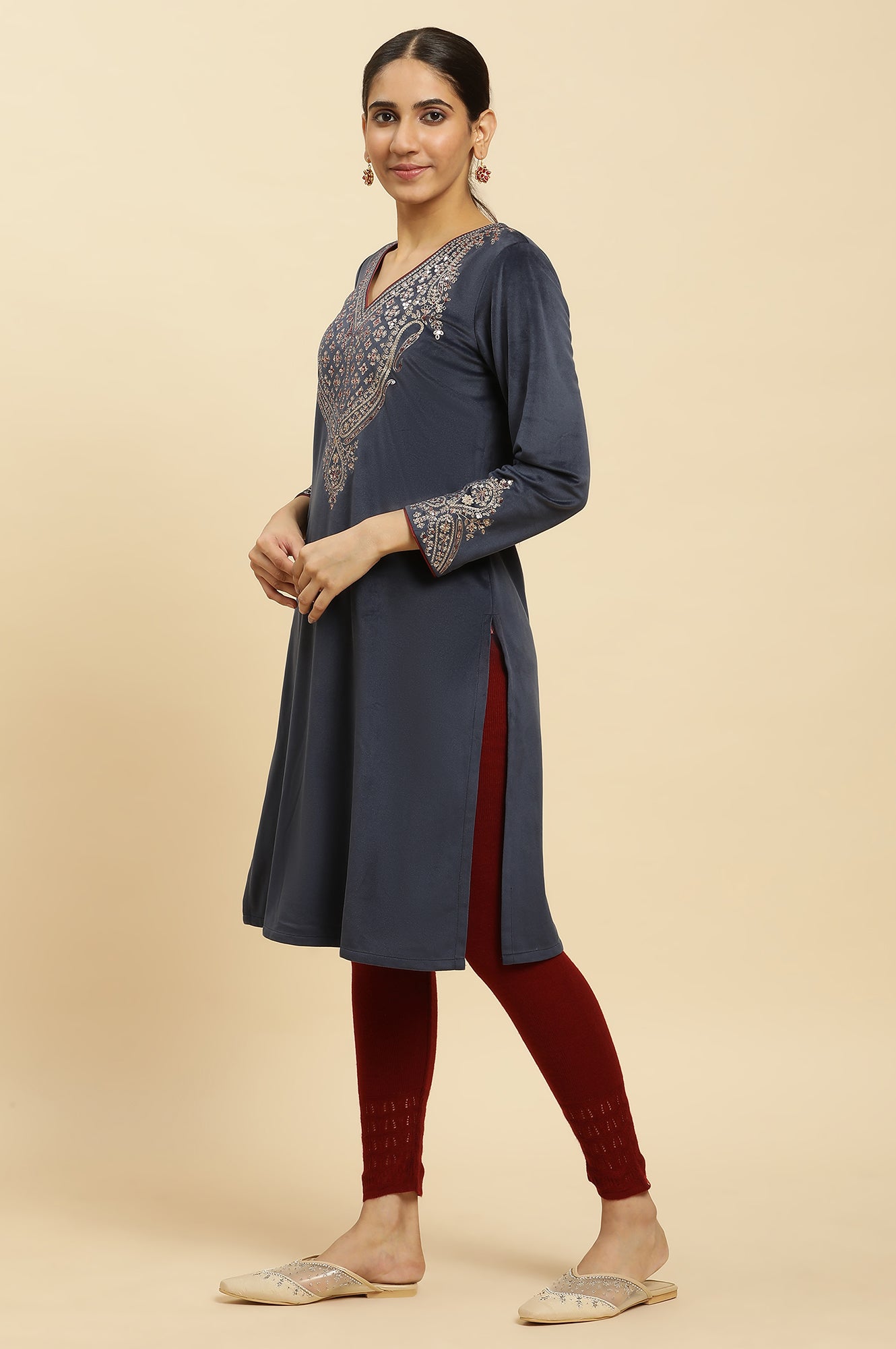 Blue Embroidered Flared Velvet Winter Kurta