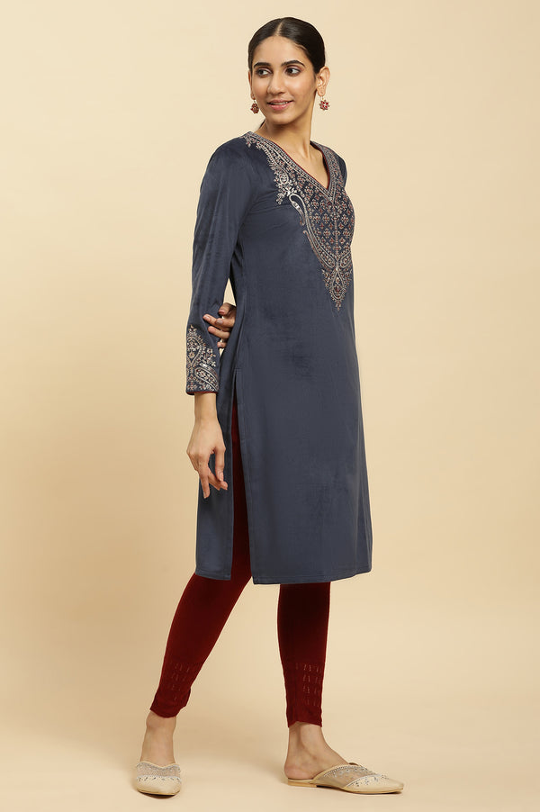 Blue Embroidered Flared Velvet Winter Kurta