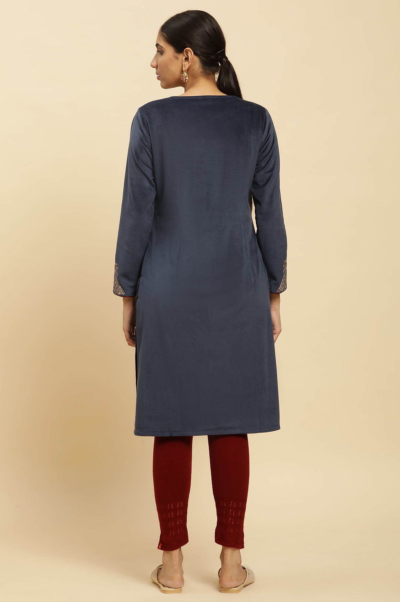 Blue Embroidered Flared Velvet Winter Kurta