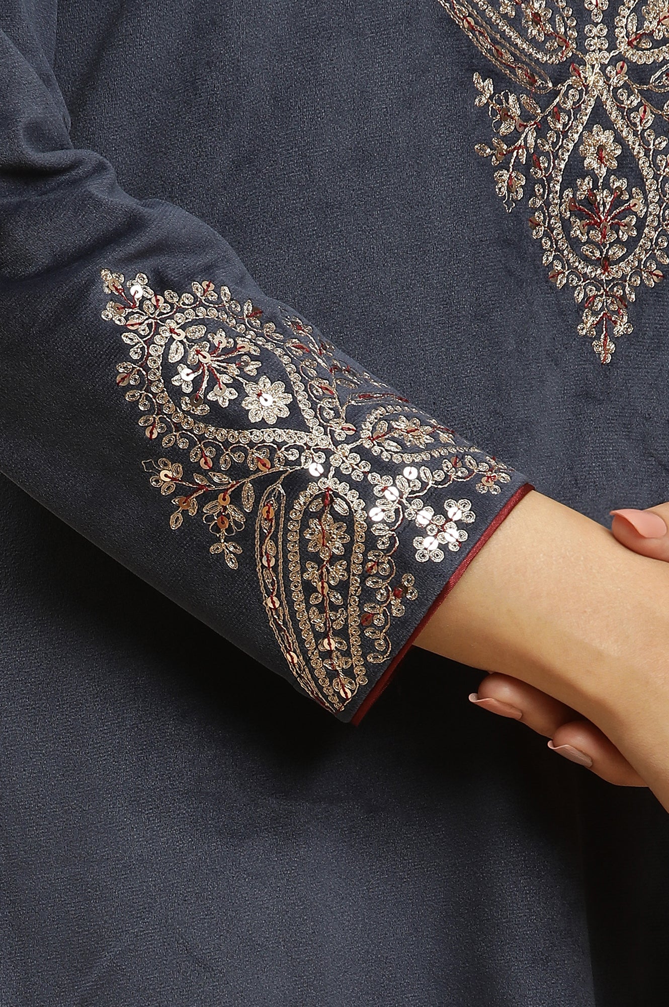 Blue Embroidered Flared Velvet Winter Kurta