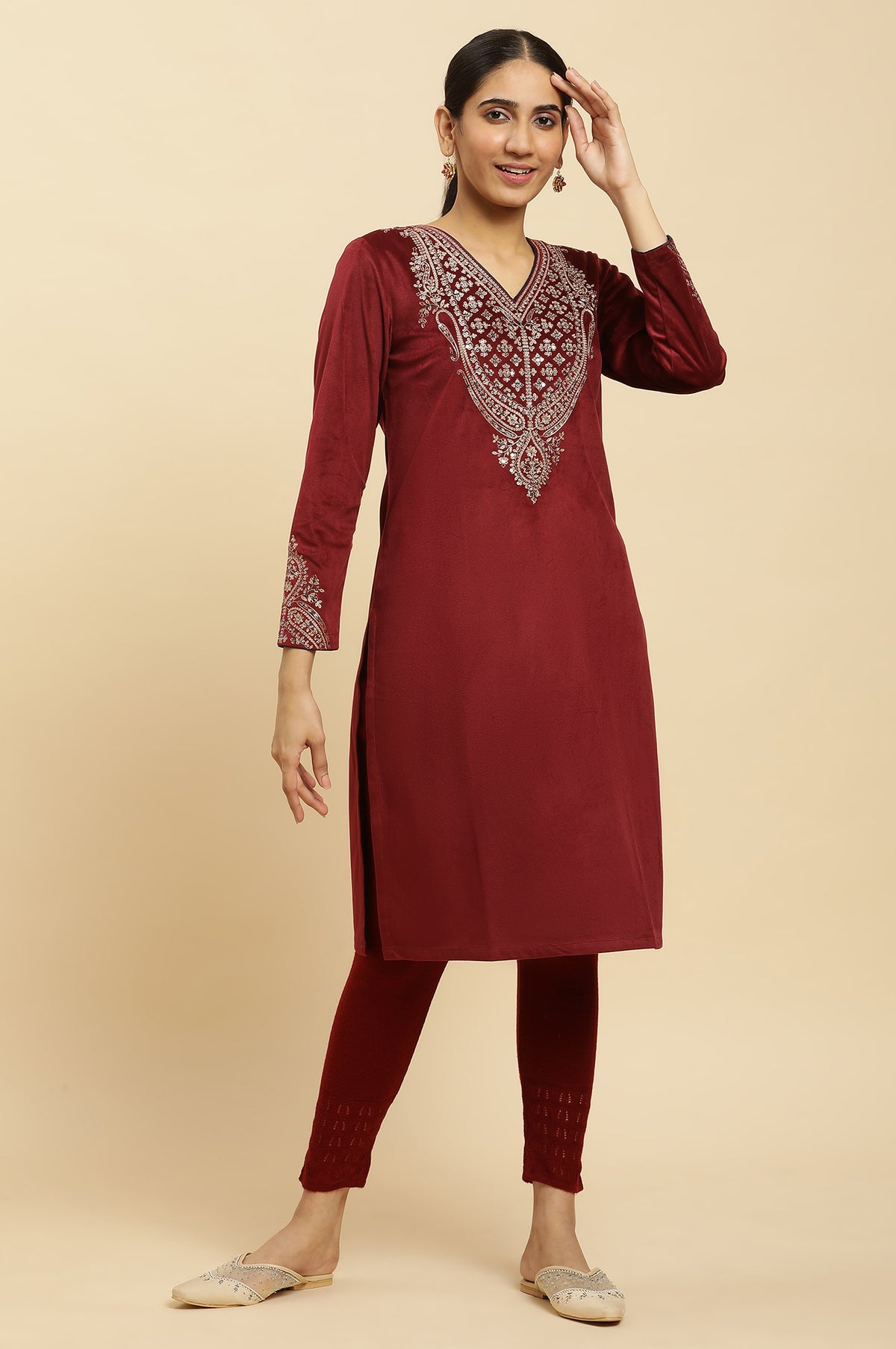 Maroon Embroidered Flared Velvet Kurta - XS