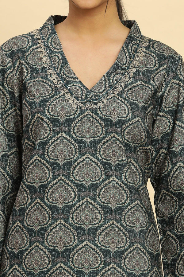 Green Printed Winter Kurta With Embroidery