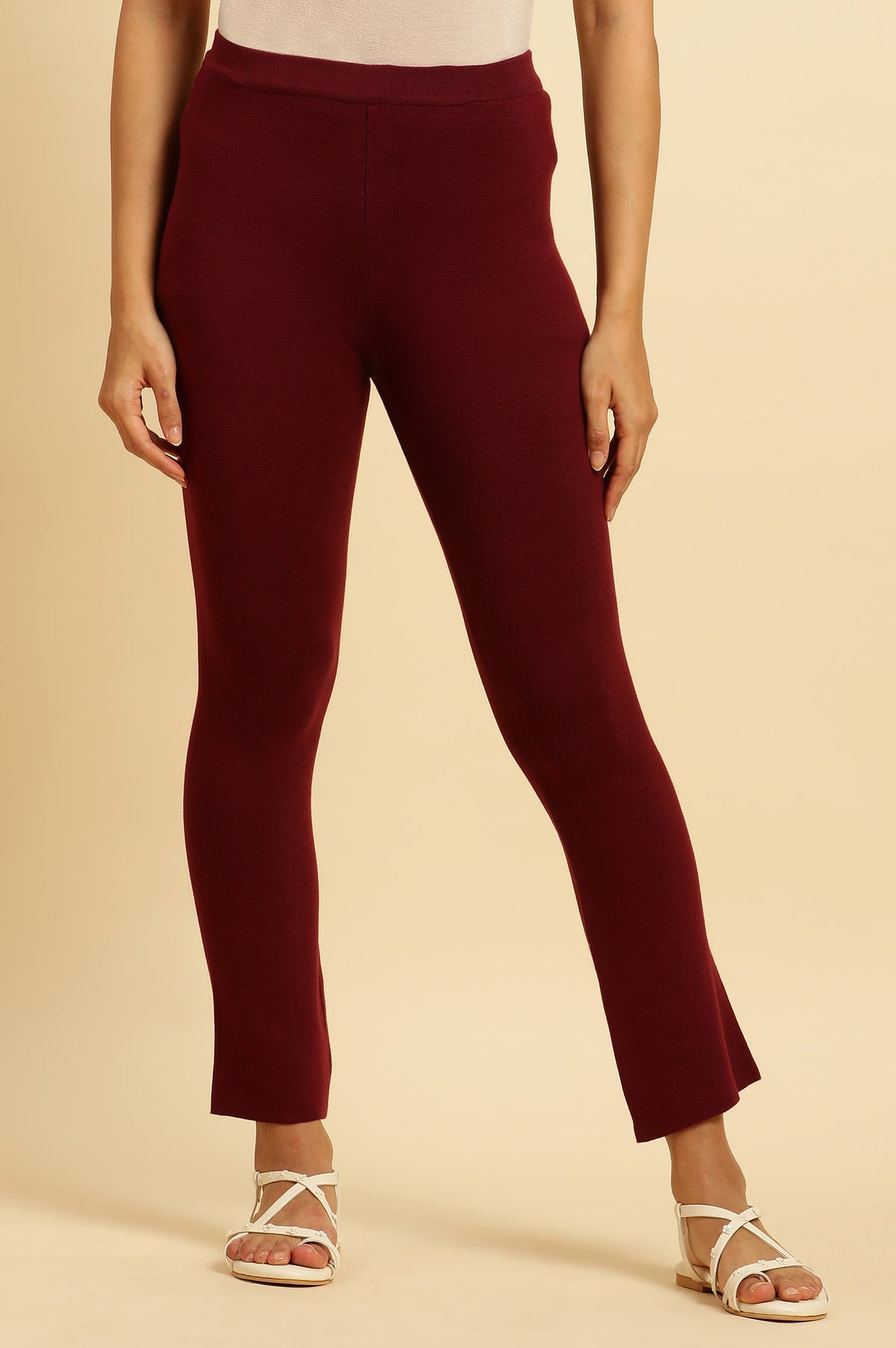 Maroon Solid Fit And Flare Pants - S