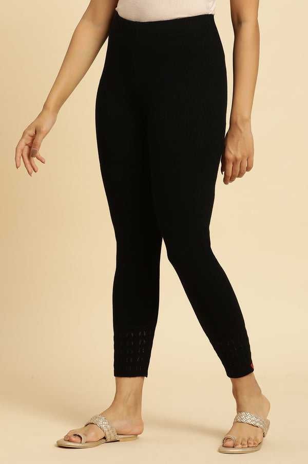 Black Solid Acrylic Mid Rise Ankle Length Skinny Fit Leggings