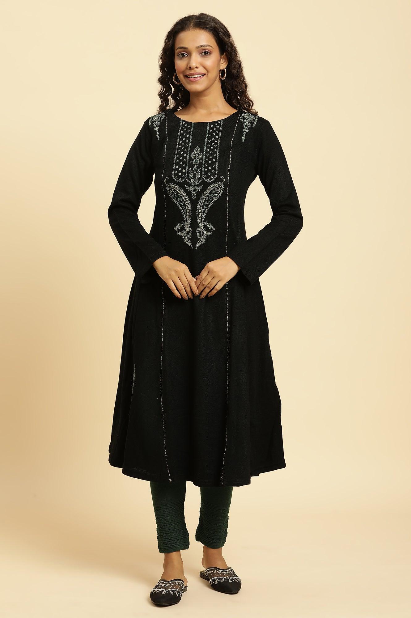 Black Paisley Embroidered Winter Flared Kurta And Tights Set - wforwoman
