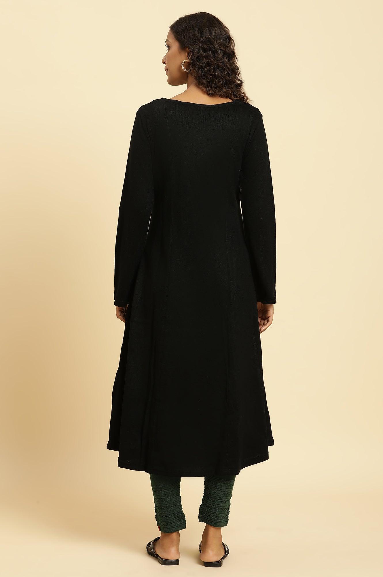 Black Paisley Embroidered Winter Flared Kurta And Tights Set - wforwoman