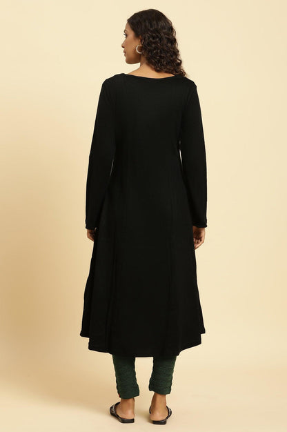 Black Paisley Embroidered Winter Flared Kurta And Tights Set - wforwoman