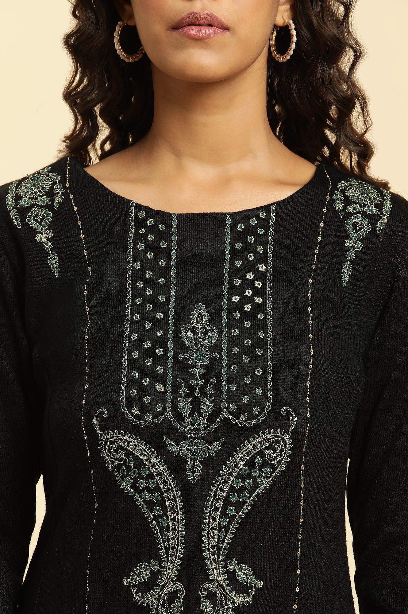 Black Paisley Embroidered Winter Flared Kurta And Tights Set - wforwoman