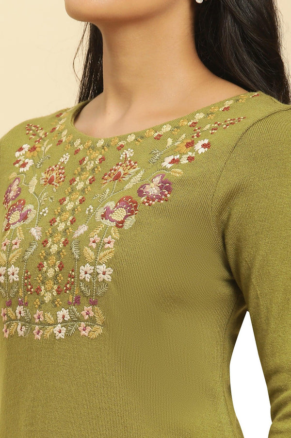 Green Embroidered Winter Kurta And Tights Set
