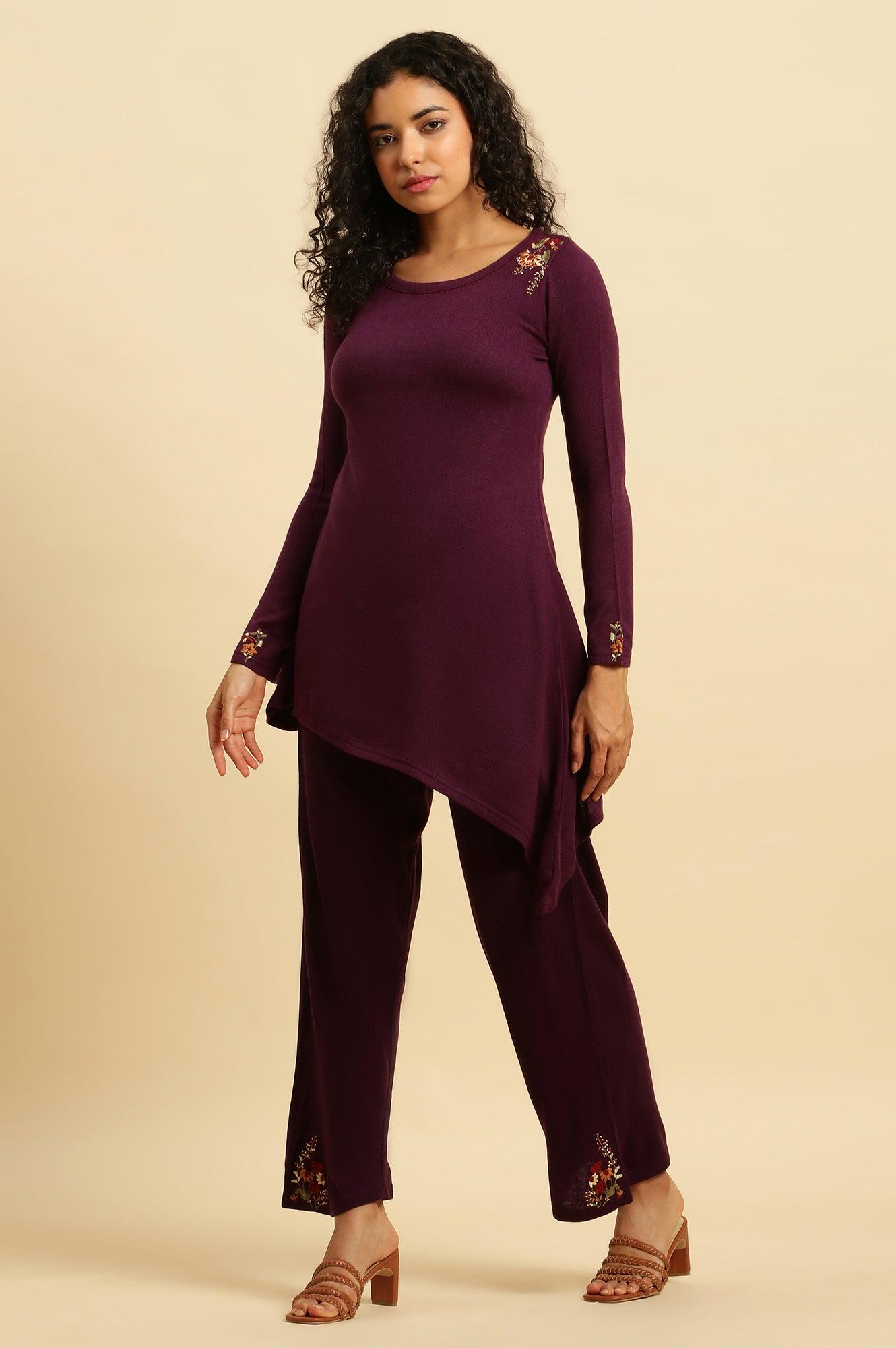 Purple Embroidered Asymmetrical Winter Kurta And Pants Set - wforwoman