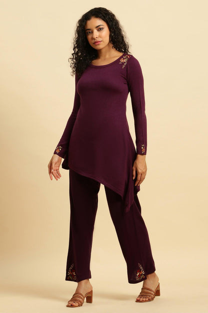 Purple Embroidered Asymmetrical Winter Kurta And Pants Set - wforwoman