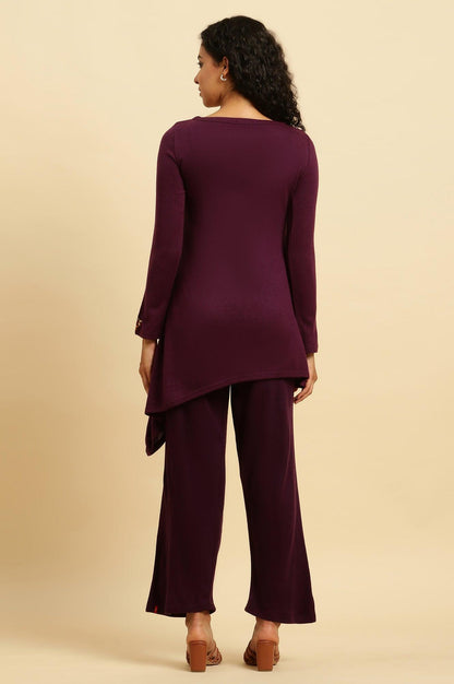 Purple Embroidered Asymmetrical Winter Kurta And Pants Set - wforwoman