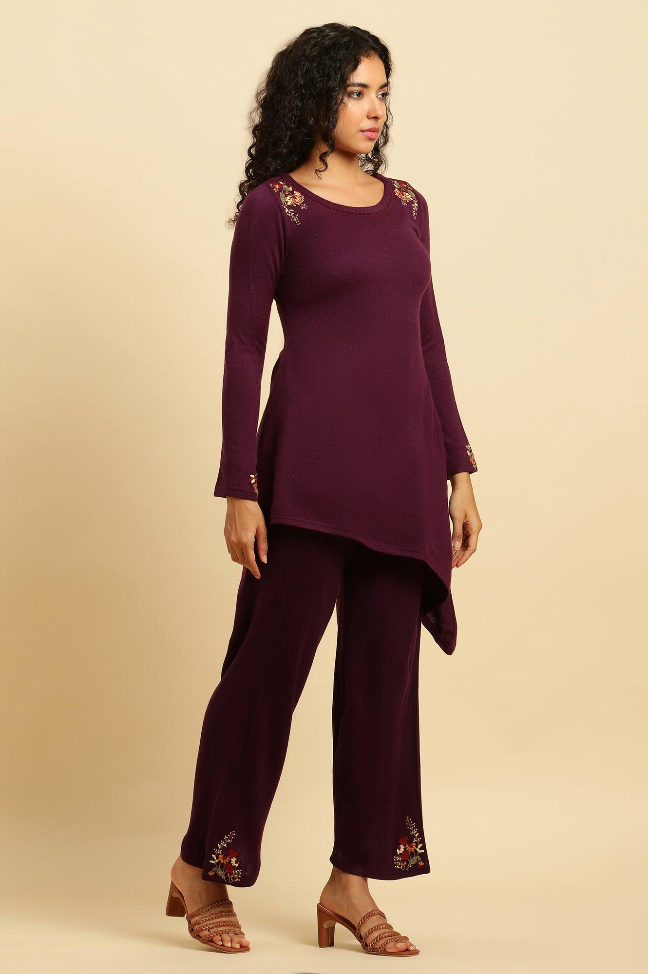 Purple Embroidered Asymmetrical Winter Kurta And Pants Set - wforwoman