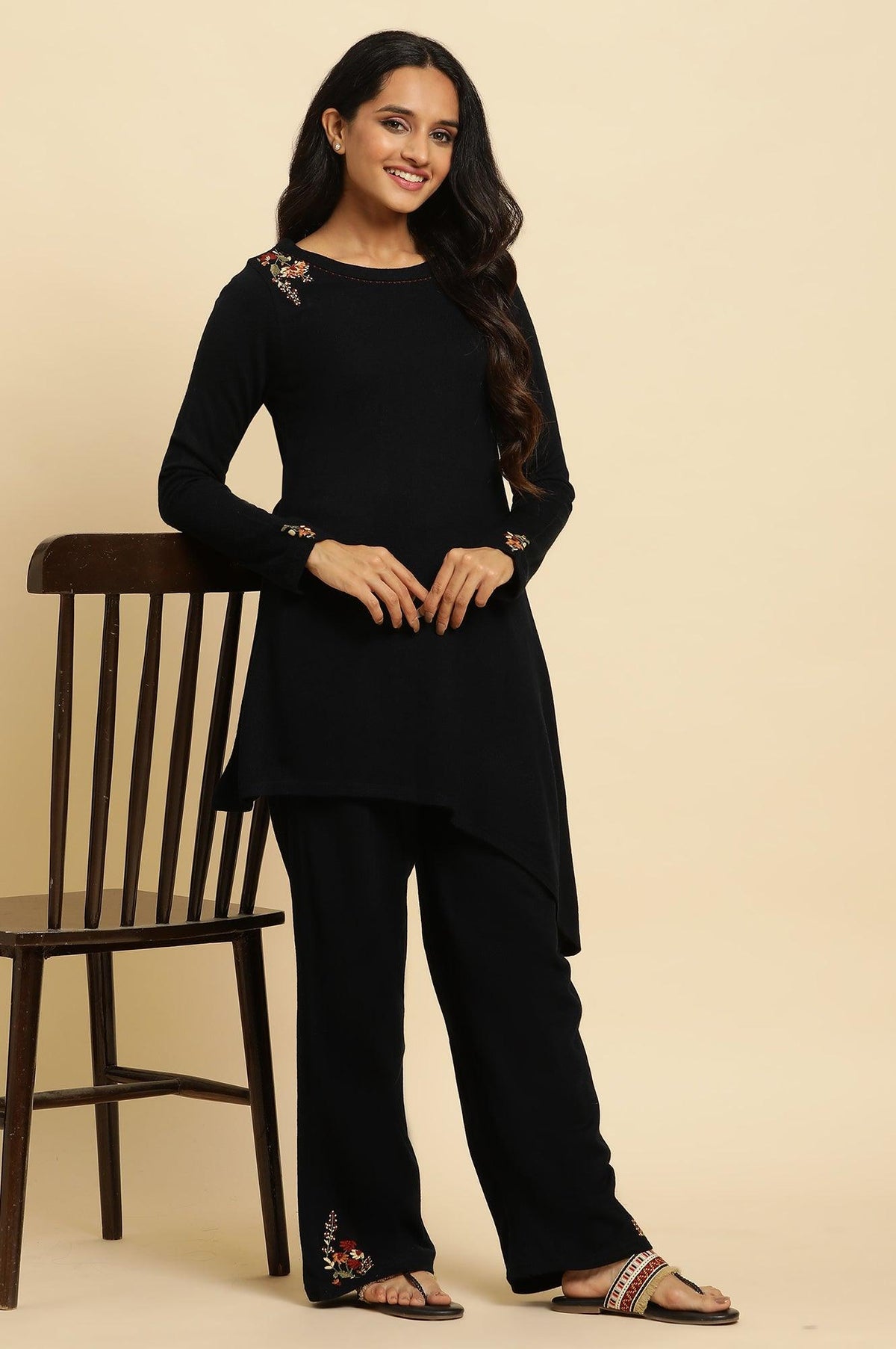 Navy Embroidered Asymmetrical Winter Kurta And Parallel Pants Set - XS