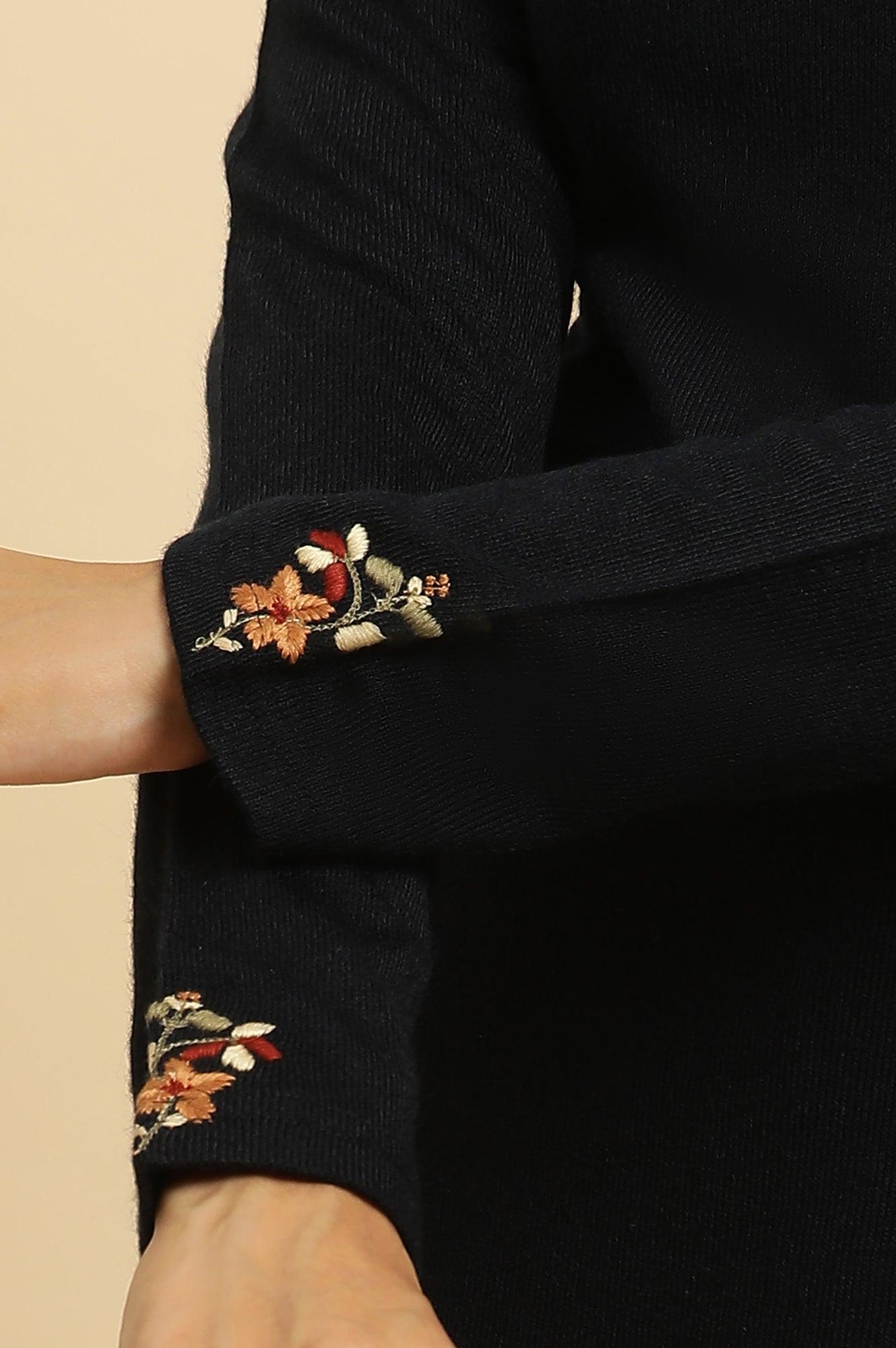 Navy Embroidered Asymmetrical Winter Kurta And Parallel Pants Set - wforwoman