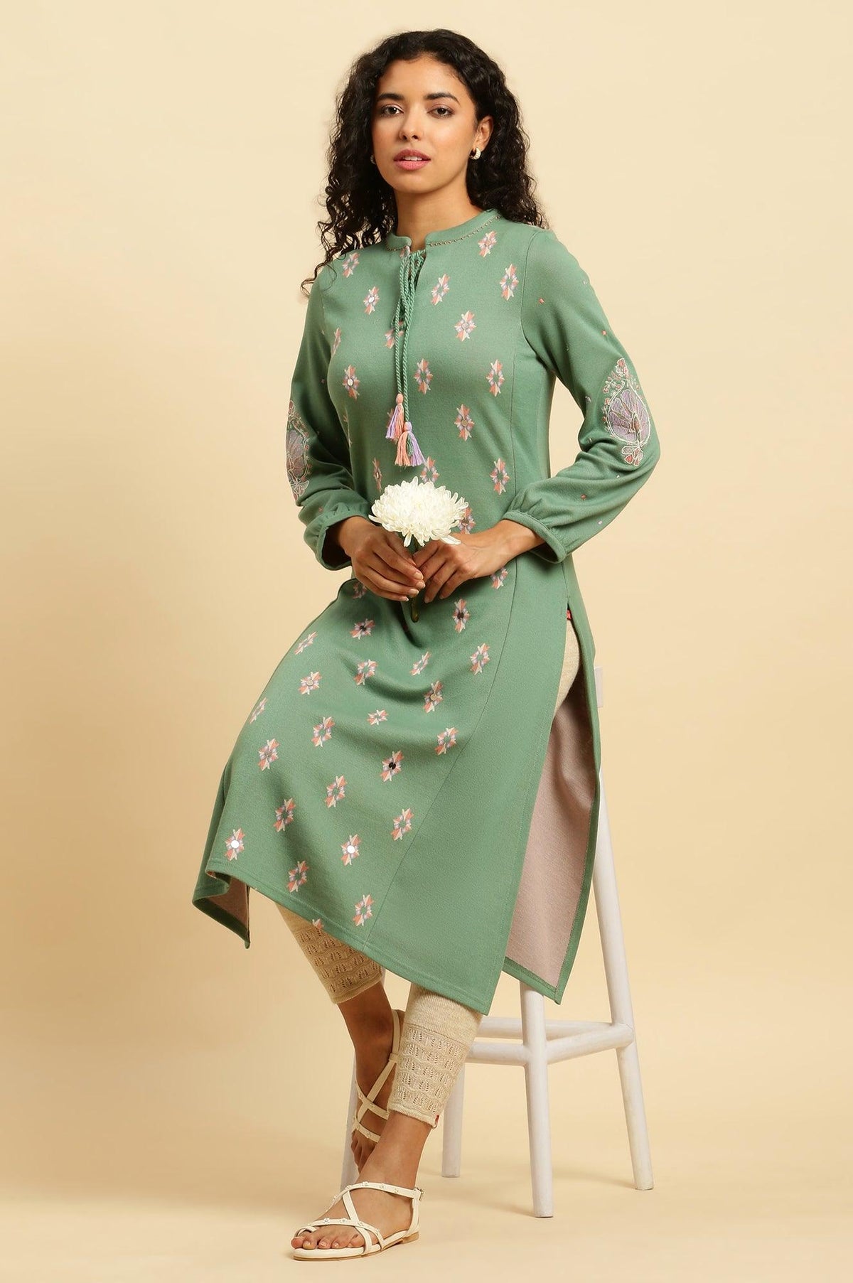 Wasabi Green Printed Winter Kurta And Tights Set - XS