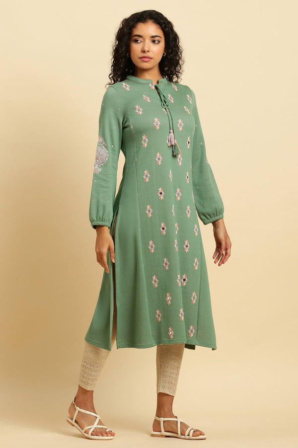 Wasabi Green Printed Winter Kurta And Tights Set