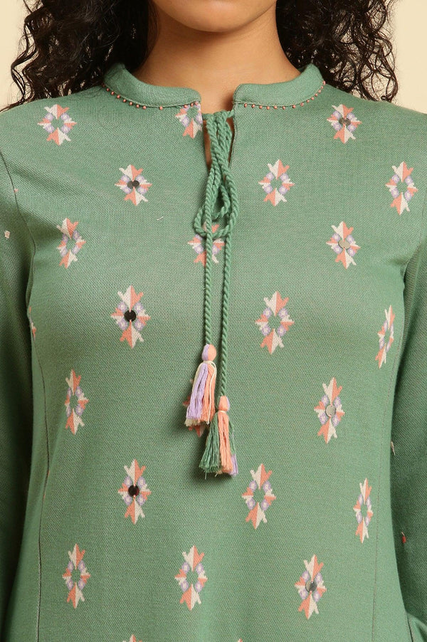 Wasabi Green Printed Winter Kurta And Tights Set