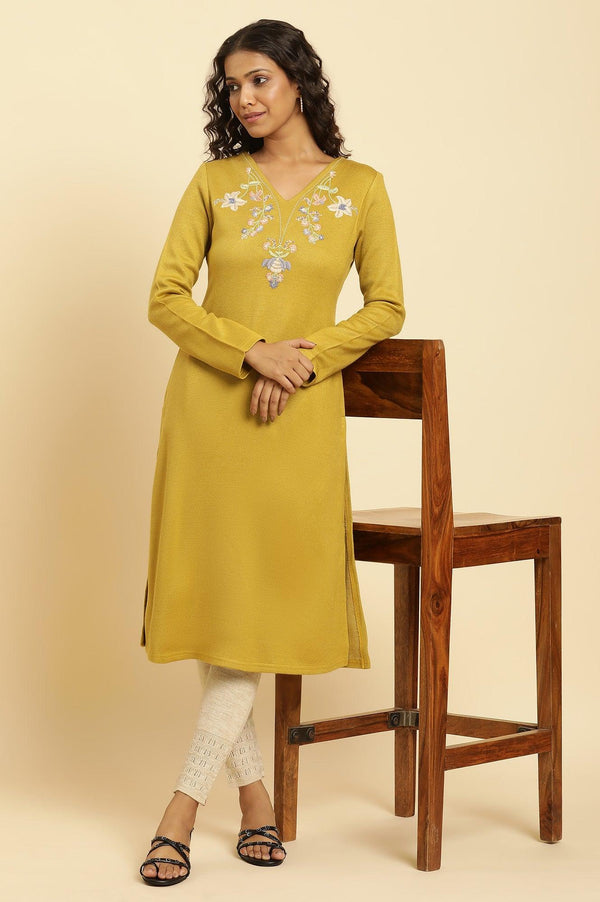 Yellow Floral Embroidered Straight Winter Kurta And Tights Set