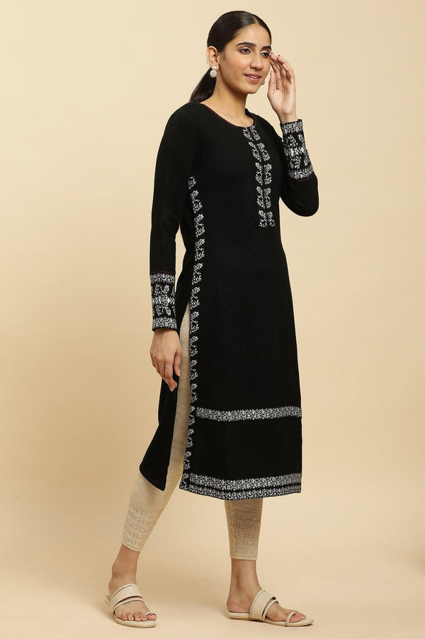 Black Embroidered Acrylic Winter Kurta And Tights Set