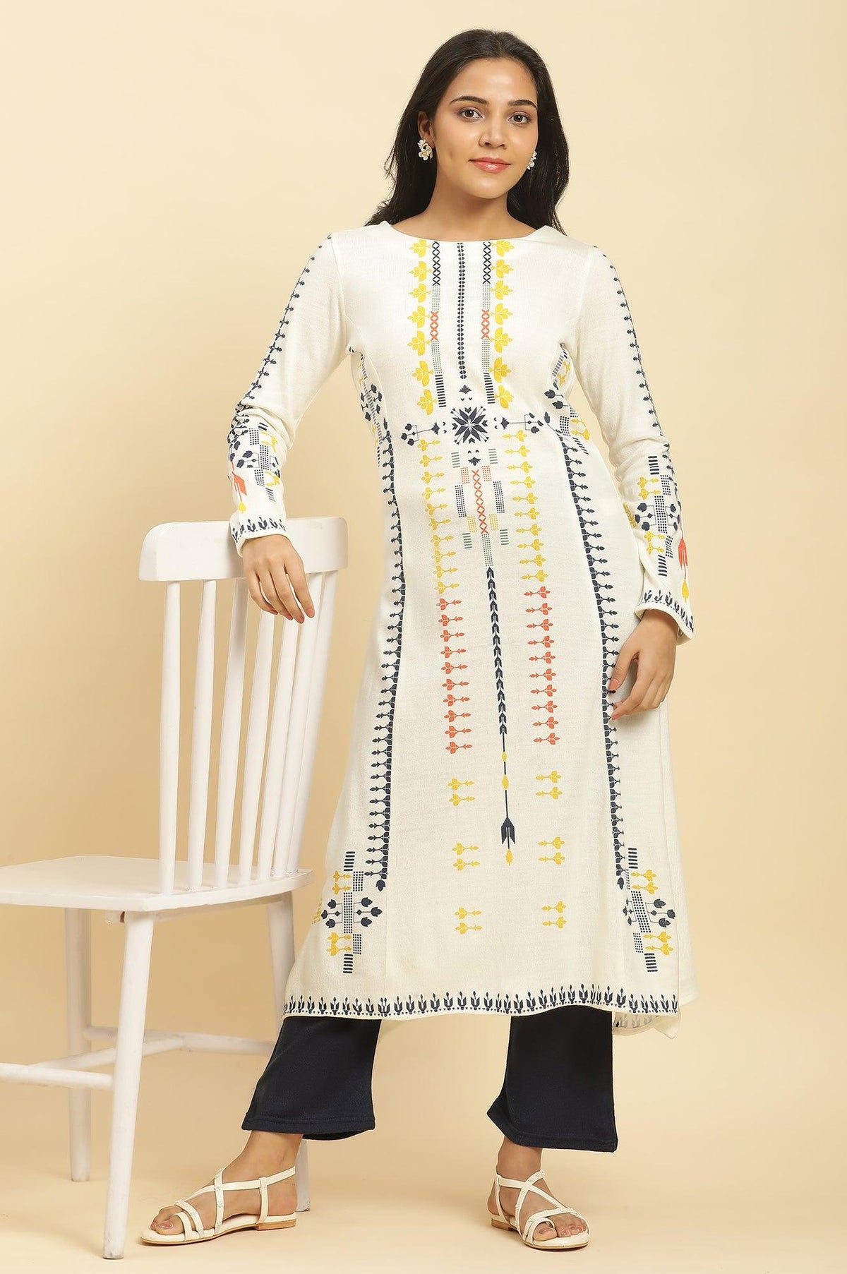 White A-Line Kurta In Multicoloured Print And Tights Set - XS