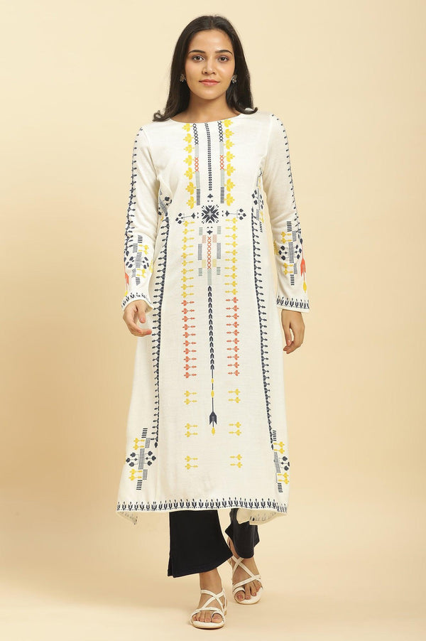 White A-Line Kurta In Multicoloured Print And Tights Set