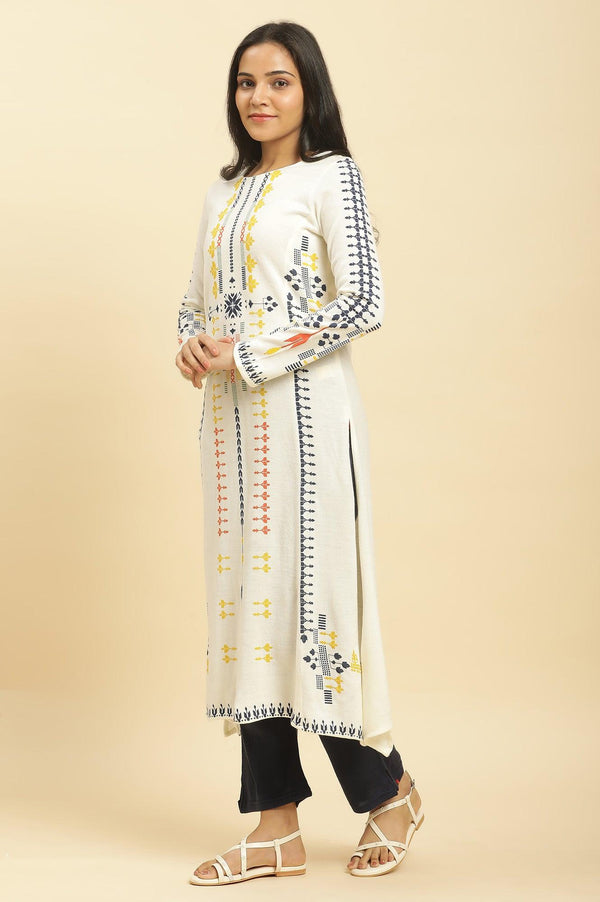 White A-Line Kurta In Multicoloured Print And Tights Set