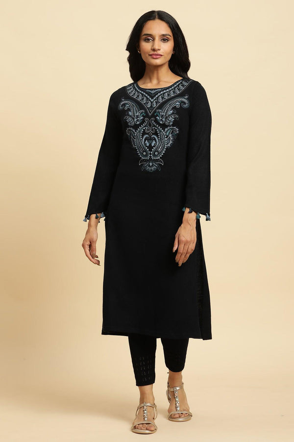 Navy Embroidered Winter Kurta And Tights Set