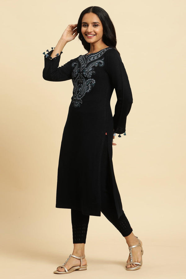 Navy Embroidered Winter Kurta And Tights Set