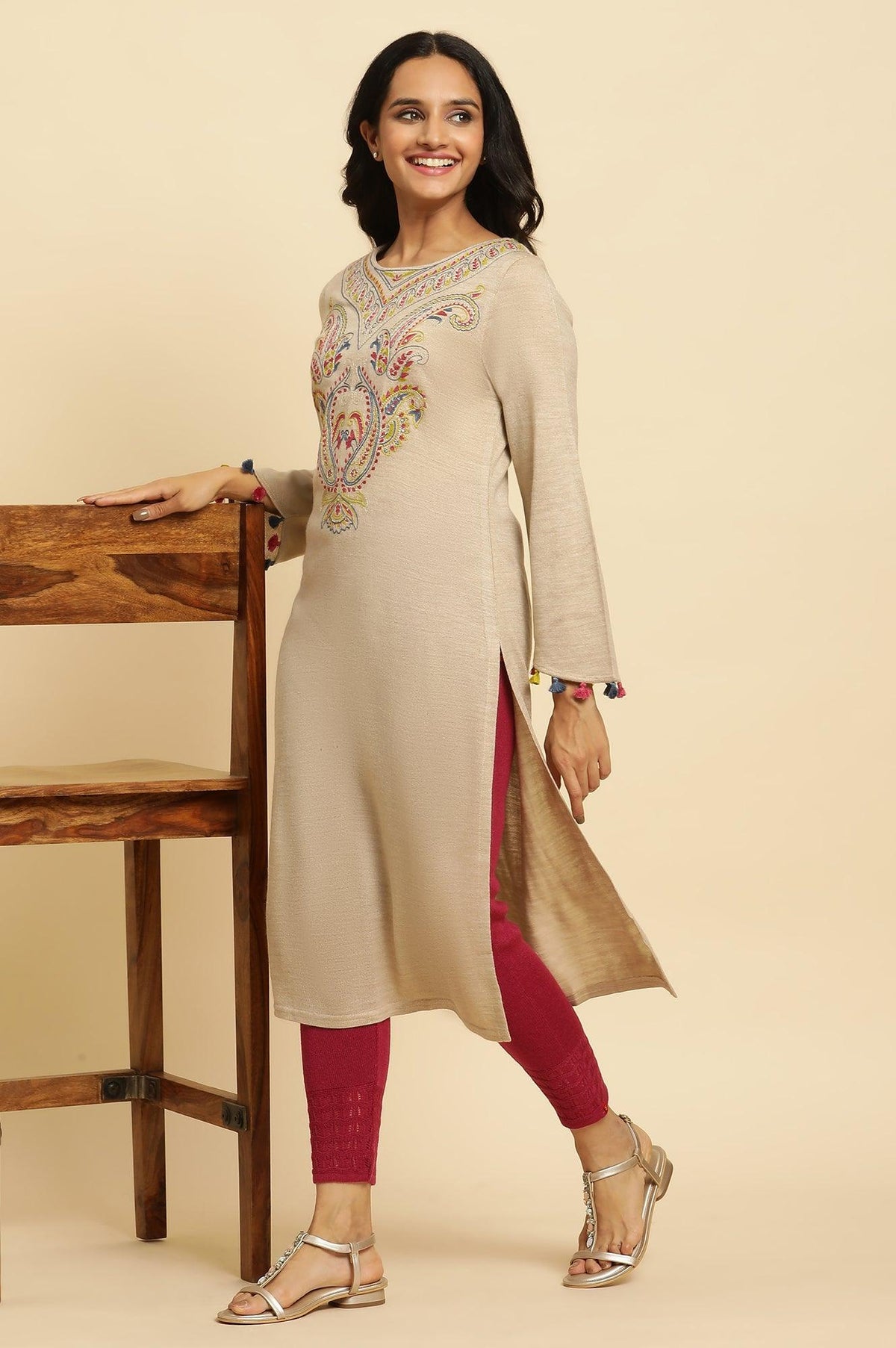 Beige Embroidered Winter Kurta And Tights Set - XS