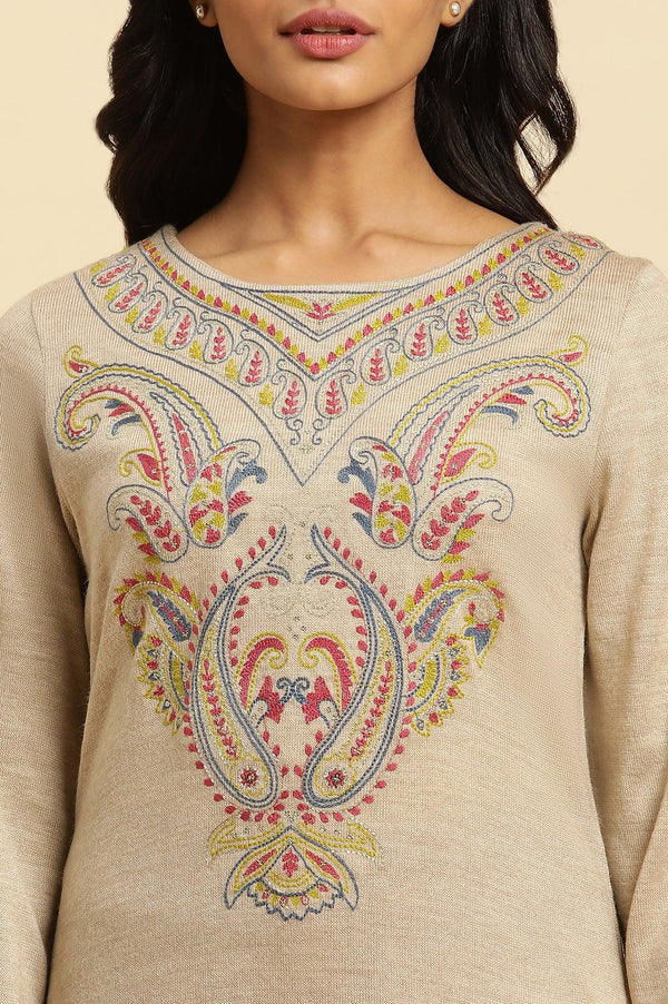 Beige Embroidered Winter Kurta And Tights Set