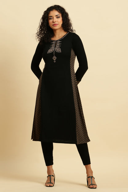 Black Embroidered Winter Kurta And Tights Set