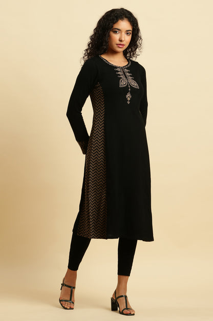 Black Embroidered Winter Kurta And Tights Set