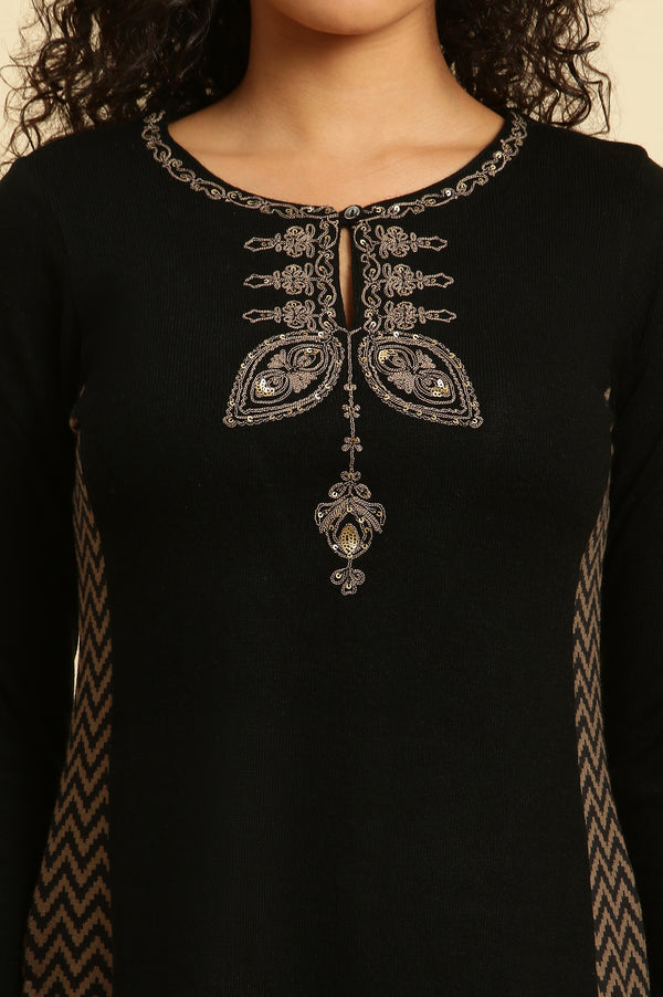 Black Embroidered Winter Kurta And Tights Set