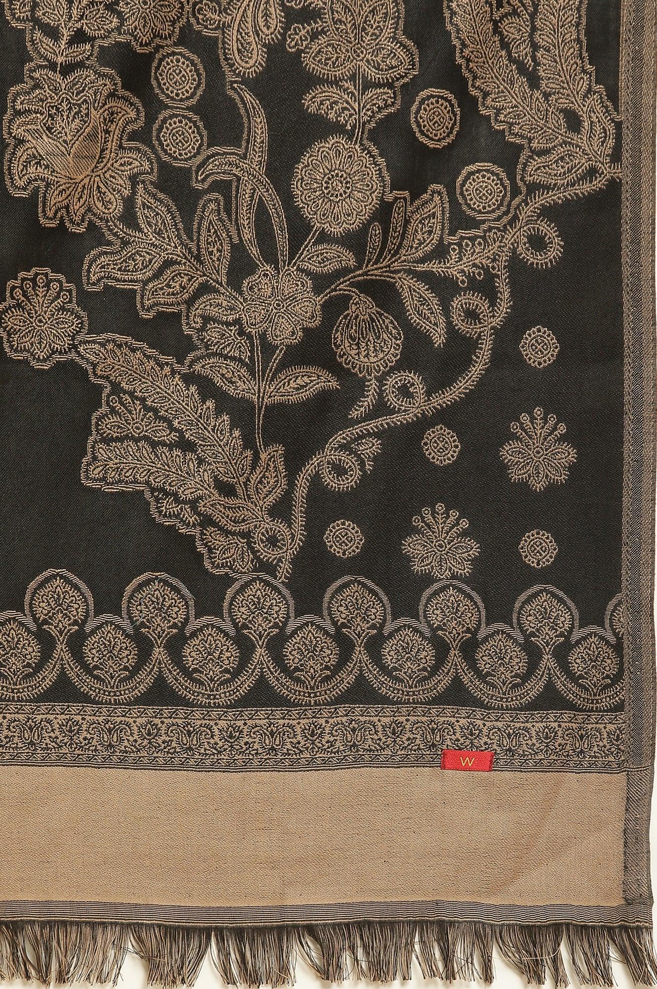 Black Jacquard Winter Kurta, Pants And Dupatta Set - wforwoman