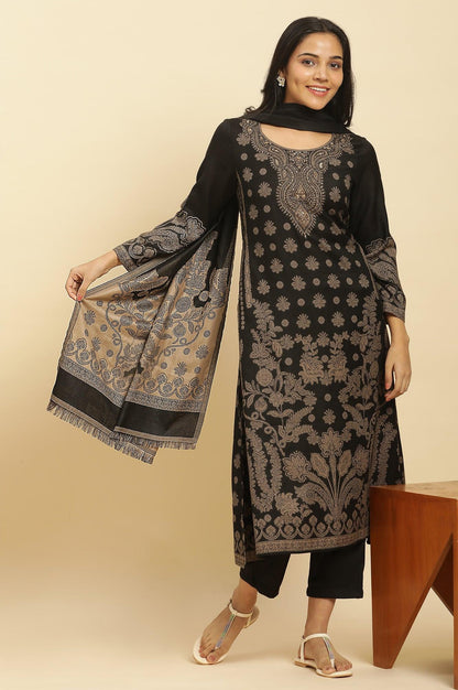 Black Jacquard Winter Kurta, Pants And Dupatta Set - wforwoman