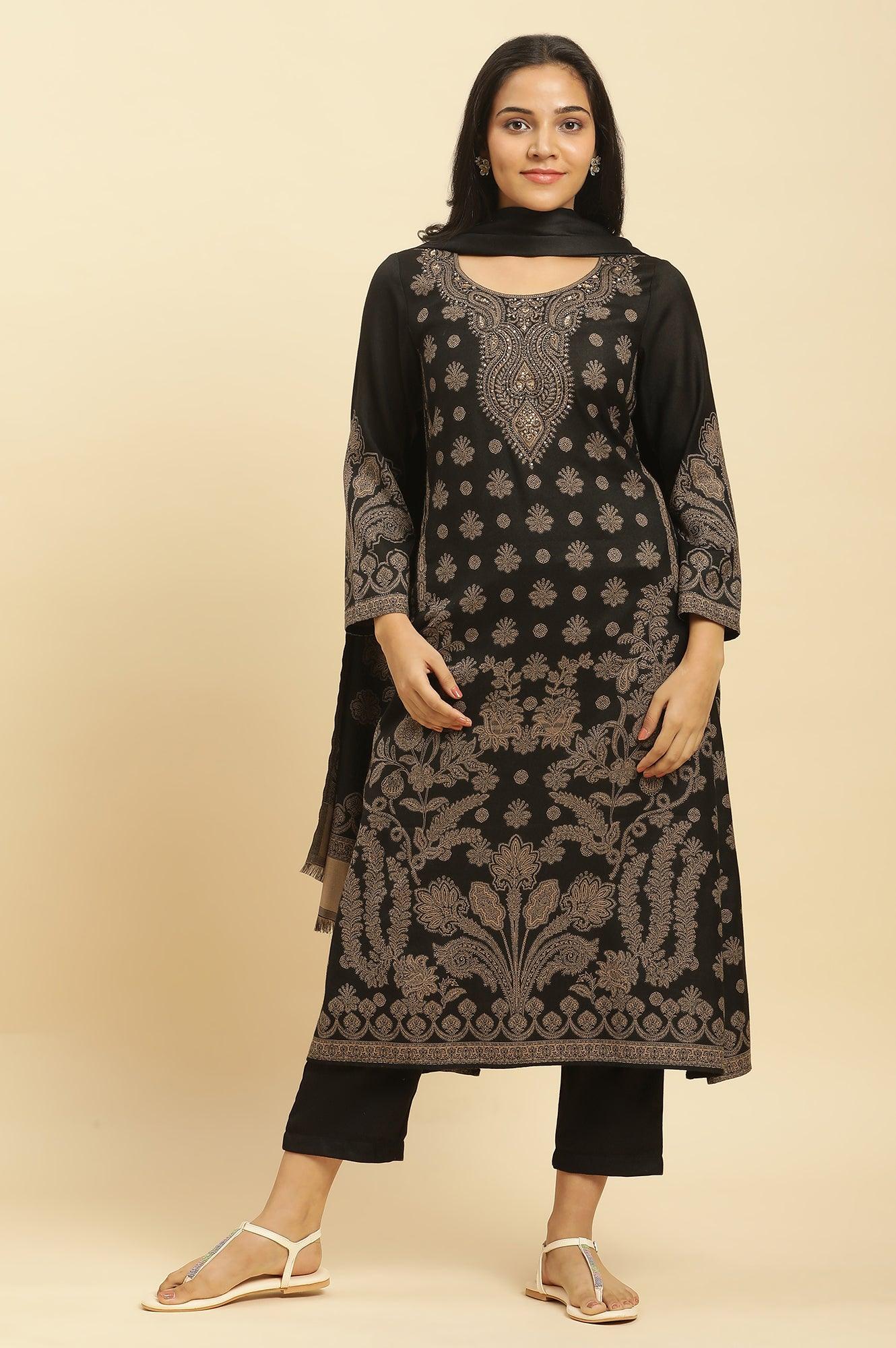 Black Jacquard Winter Kurta, Pants And Dupatta Set - wforwoman